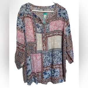 Daniel Rainn Multicolor Gilligan Patchwork Pintuck Top Boho Peasant Cottage 3X